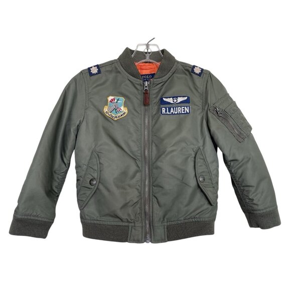 POLO Ralph Lauren Boys Bomber Jacket Size Green Patches Military